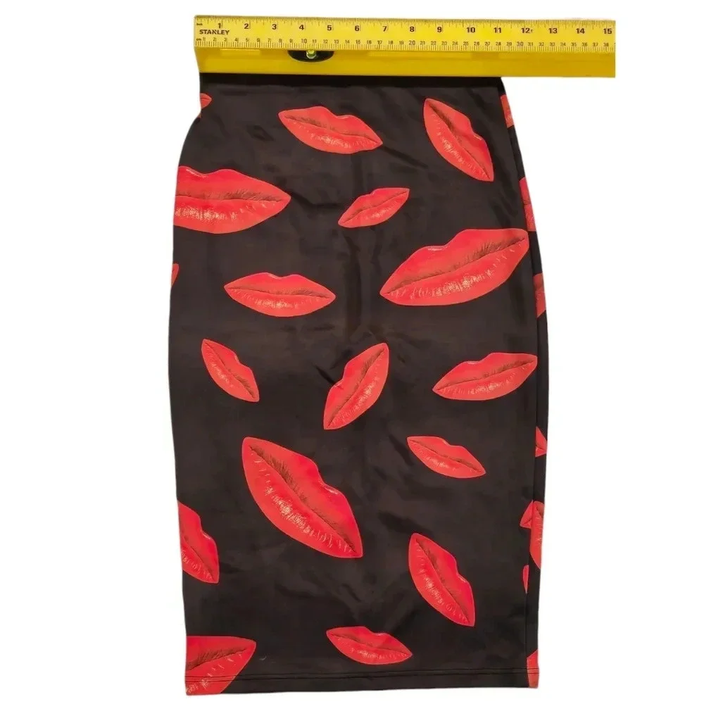 Codigo Black Red Lipstick Lip Bodycon Stretchy Pencil Skirt - Picture 3 of 6